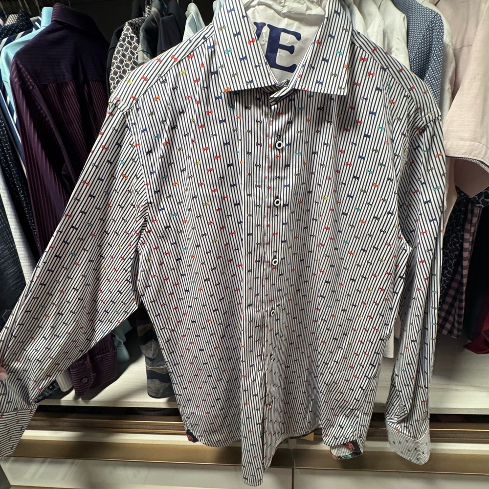 Men's Striped Button-Down Shirt - Red and Blue Accents